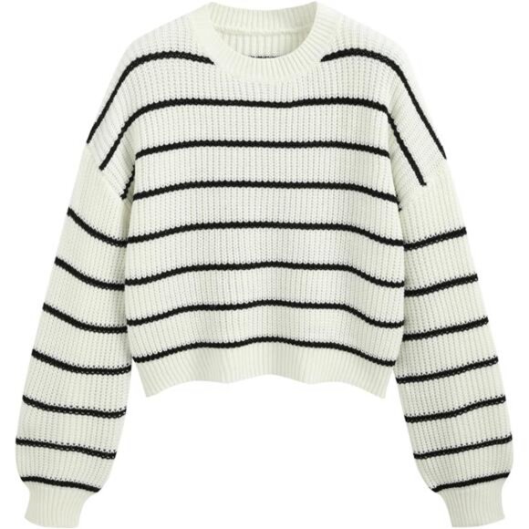 Cropped Striped Sweater Pullover Tops - Picture 1 of 8
